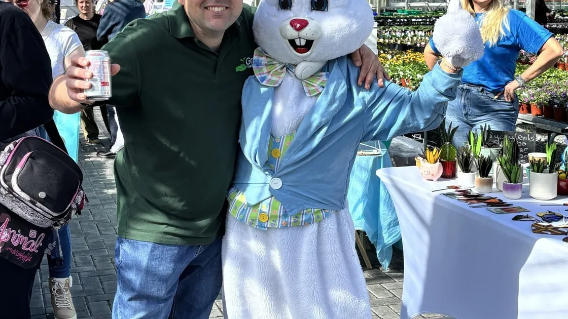Long-serving Grow crew member Sam Winterflood with the Easter bunny. (34696782)