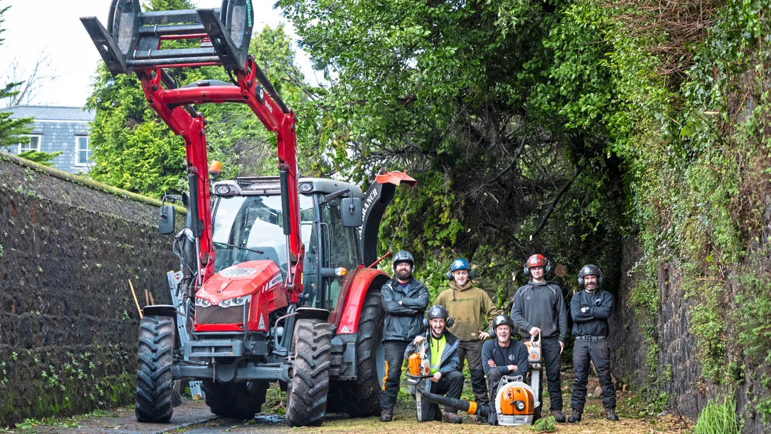 Special Branch tree surgeons were working on large trees yesterday that were blocking Prince Albert Road. Back, left to right: James Farrand, Hugh Brown, Bailey Taylor and Ryan Muston. Front: James Morgan and Simon Marshall.