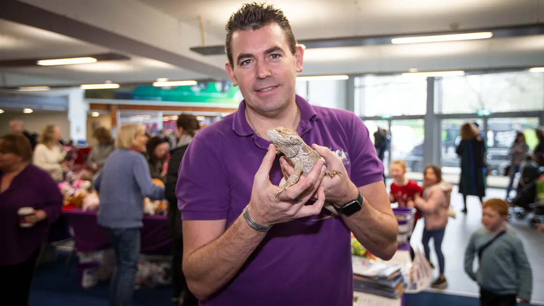 GSPCA manager, Steve Byrne with bearded dragon, Mr Thatch, at one of its last fundraising events before the lockdown, a showing of the film, Secret Life of Pets 2, at Beau Sejour.(Picture by Sophie Rabey, 27818499)