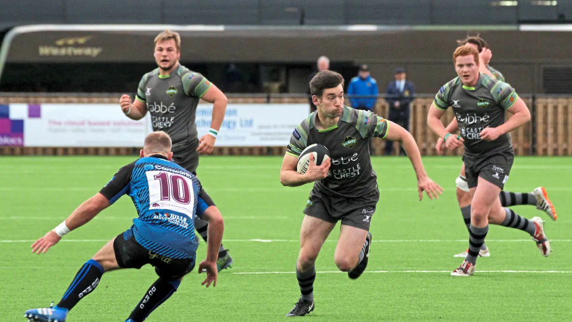 Raiders fly-half Henry Greenhalgh making a break against Dings Crusaders before he suffered his knee injury.  (Picture by Mike Marshall, 23276188)