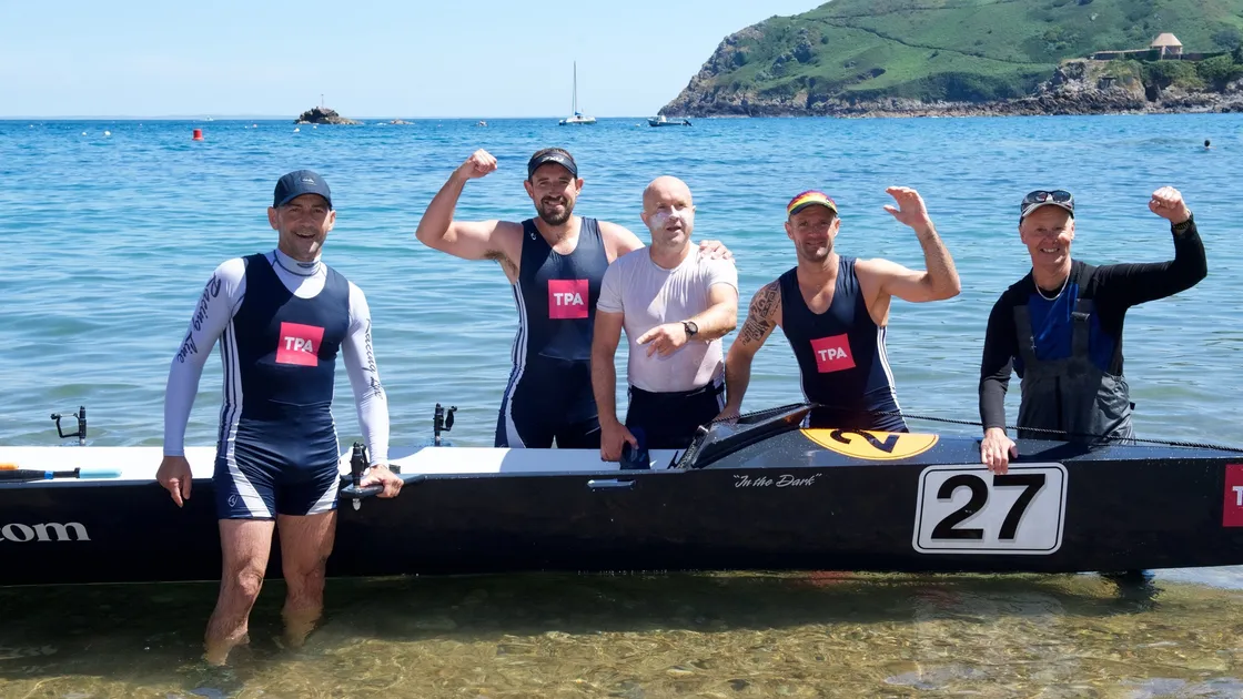 Sark to Jersey rowing race finish at Bonne Nuit Winners from Guernsey TPA Picture: JON GUEGAN. (32255552)