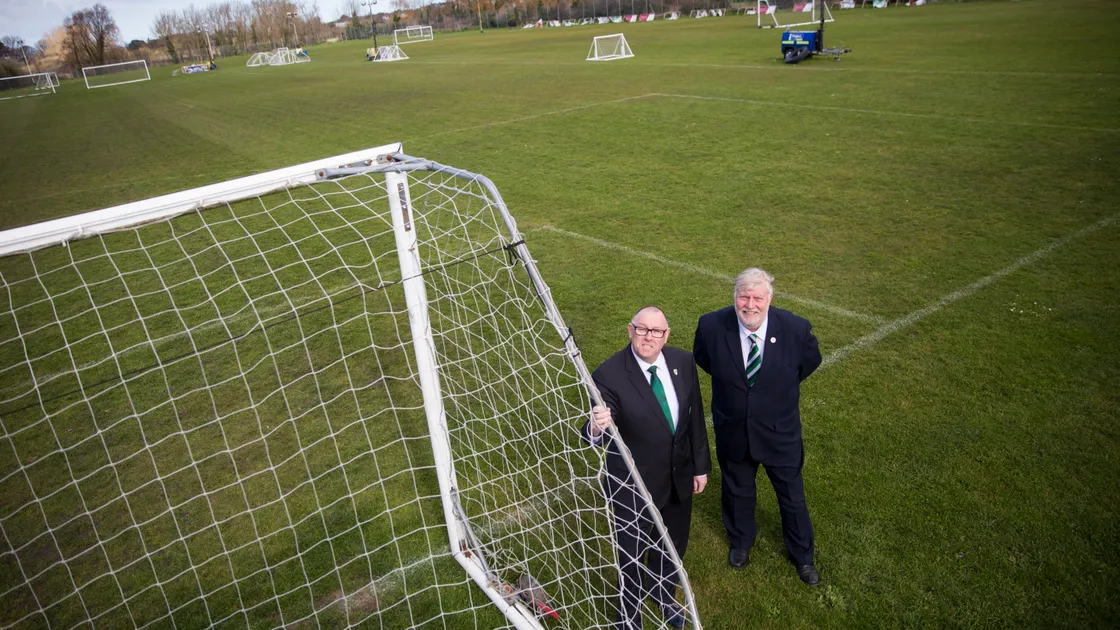 Guernsey FC chairman Mark Le Tissier and Guernsey Football Association chairman Chris Schofield at Victoria Avenue when the stadium project was announced in 2018. (Picture by Peter Frankland, 27286535)