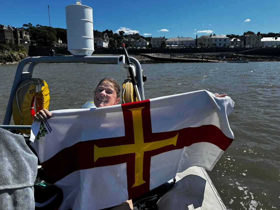 Flying the flag: Mrs Hardill has now set her sights on a Jersey to France swim.