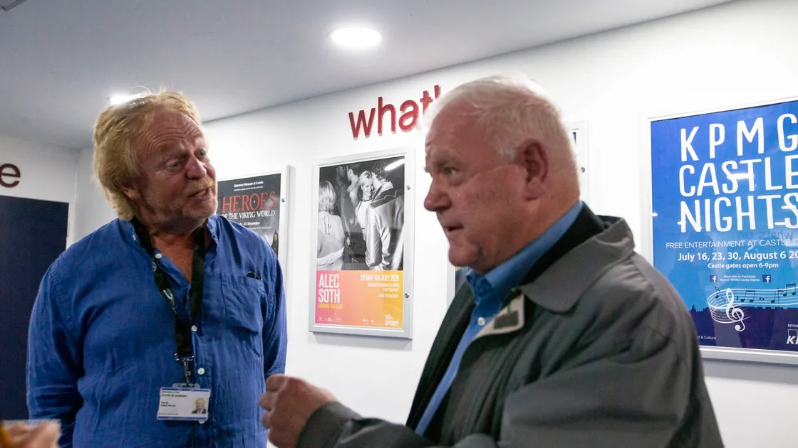 Back to his school days for ESC vice-president Deputy Bob Murray, left, who was questioned on its secondary school plans by one of his former teachers, Geoff Mahy, at Saturday’s drop-in. (Pictures by Cassidy Jones, 29723578)