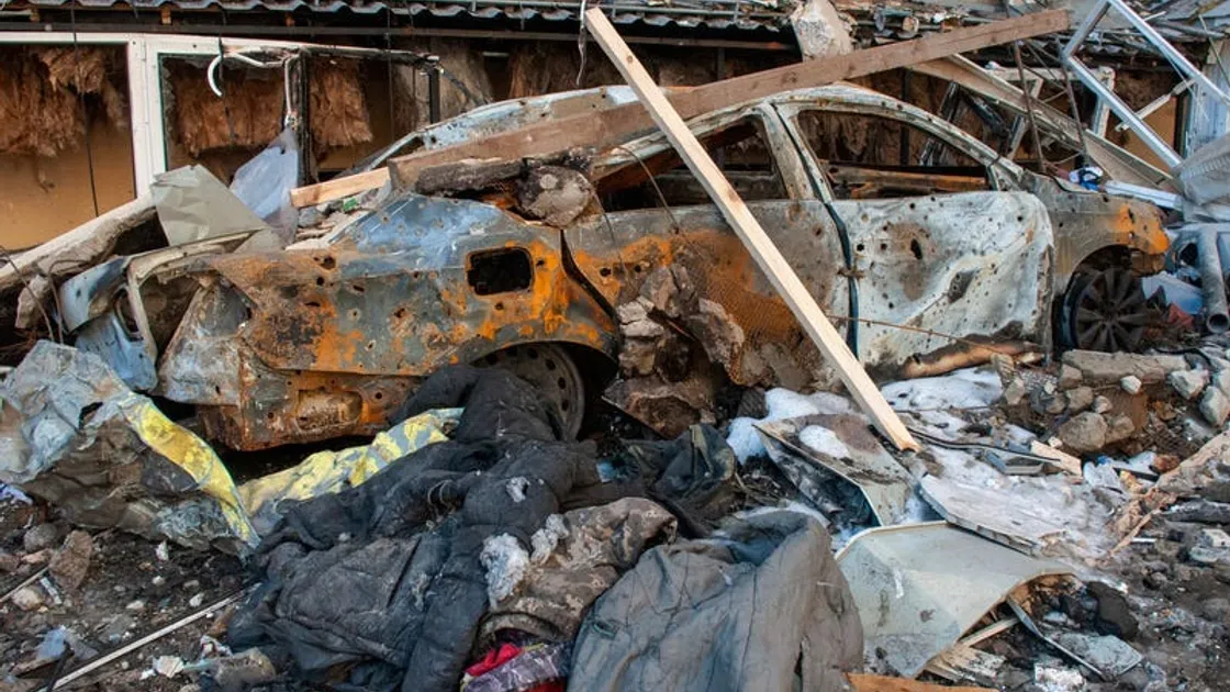 A car destroyed by shelling in a street in Kharkiv, Ukraine. (Picture by PA News)