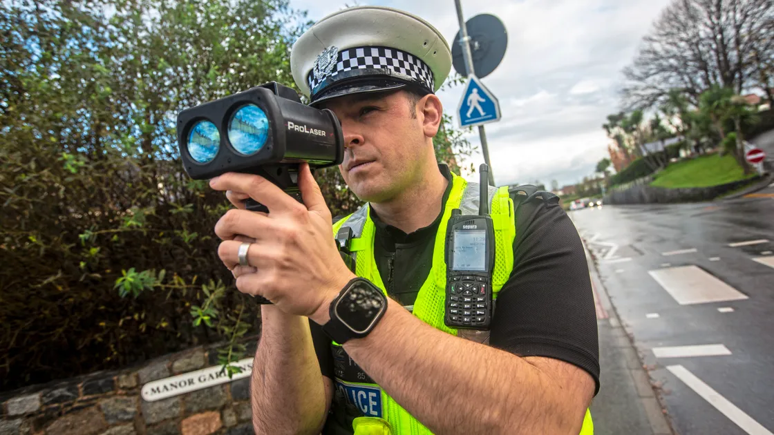 Press reporter Lucy Rouget headed out with the Road Policing Unit to see some proactive policing being carried out across the island during Road Safety Week, including PC James De La Mare on this speed check. (Picture by Peter Frankland, 33801101)