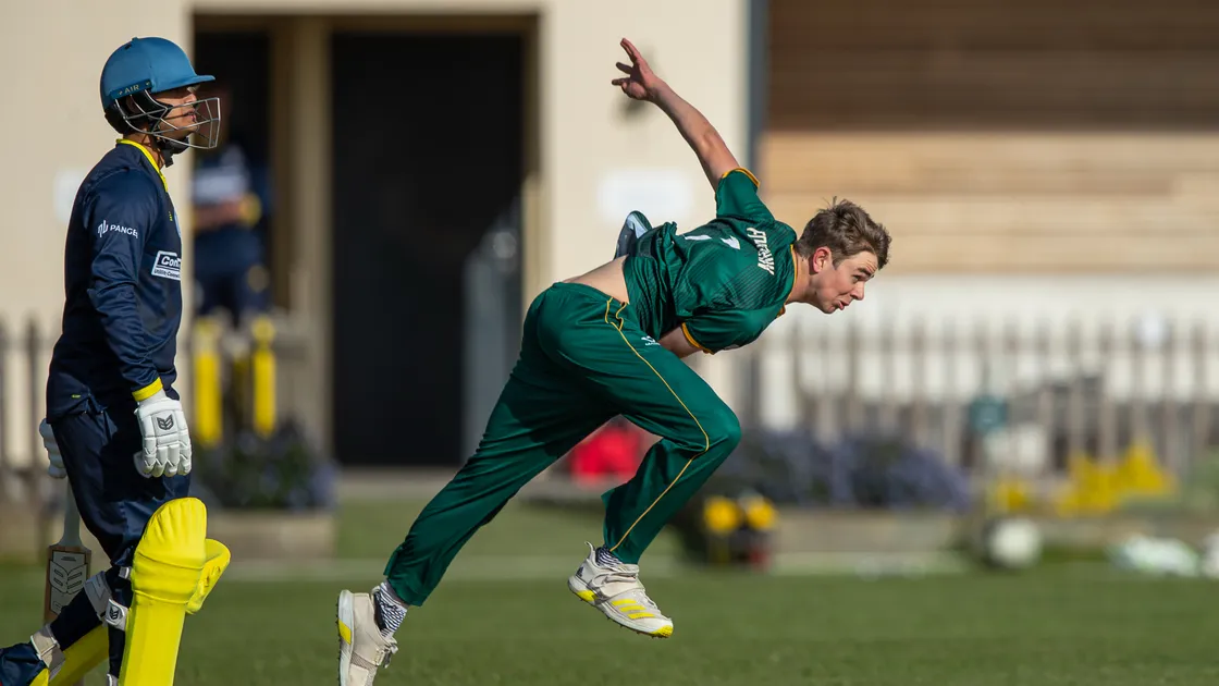 Charlie Forshaw bowling for Guernsey against the Hampshire Academy at the KGV last month.