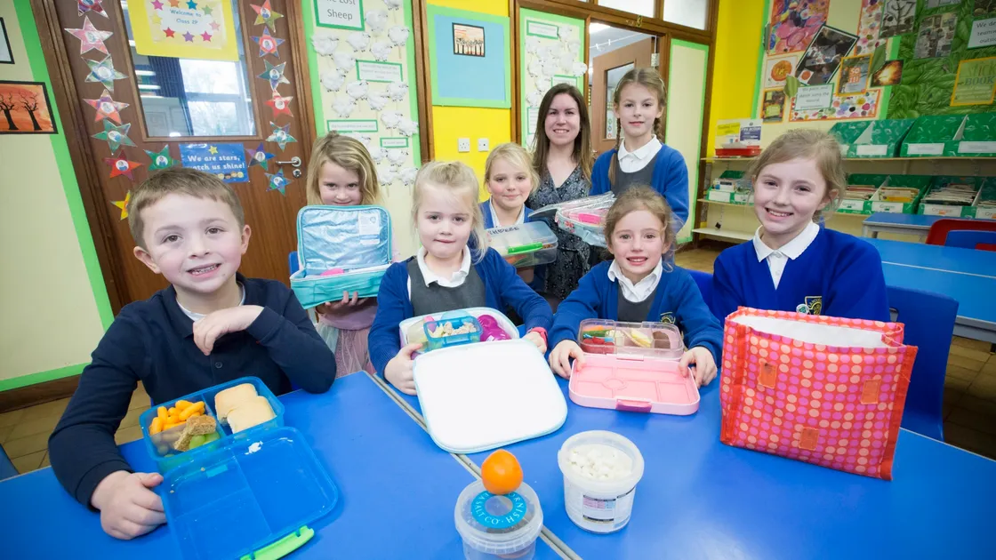 La Houguette School’s Nude Food Friday organised by the school Eco Club. The children have brought in lunches which do not include any single-use plastics. Left to right are: Ted Le Tocq, 5, Freya Dorrity, 4, Clara Norris, 6, Phoebe Davis, 10, Aimee Isabelle, teacher & Eco Club leader, Summer Pearce, 6, Ella Wilkins, 5, and Daisy Grindal, 10. (Picture by Adrian Miller, 27114610)