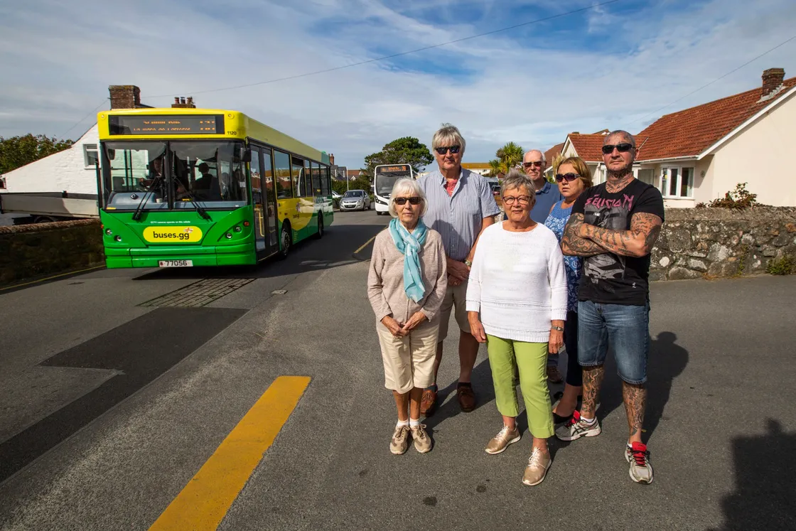 Picture by Sophie Rabey.  07-09-20.  Residents of Rue du Bouverie are upset that their street has now been turned into race track and always full of traffic due to the road closures around Cobo and new diversions..L-R Sue Sykes, Ricky Guilmoto, Lucy Vaudin, Peter Vaudin, Sue Edmonds and Craig Horey.. (28663375)