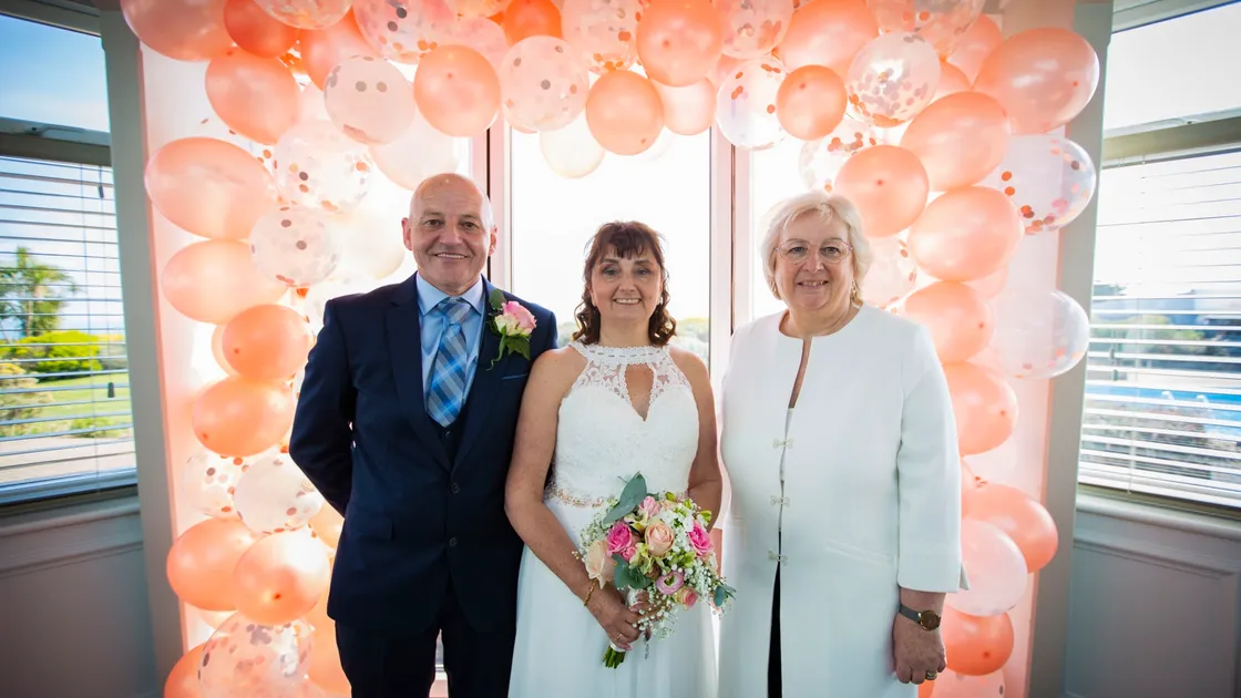 Cathy and Andy Jones with celebrant Jayne White at Jerbourg Hotel yesterday. The event was the first legal non-church wedding under the new law. (Picture by Sophie Rabey, 29448418)