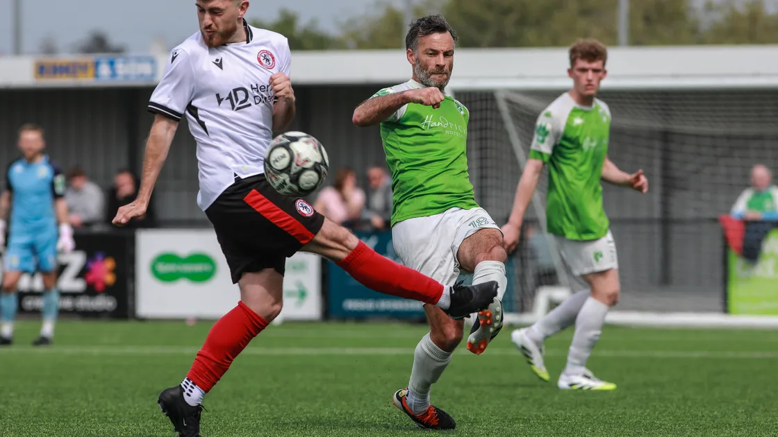 Dave Merris in action in the play-off semi-final against Horsham YM last weekend. With GFC now in ‘limbo’, his attention will turn to his role as Island manager and coaching the Muratti squad.