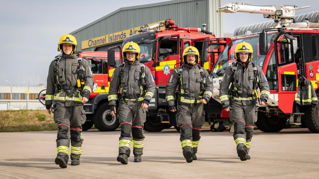 A group of Airport Fire & Rescue Service members are preparing to walk a full lap around Guernsey in their firefighting kit, raising funds for the Priaulx Premature Baby Foundation. Left to right, Ben Relph, Corey Robilliard, Matt Dorey and Jonathan Bailey.
