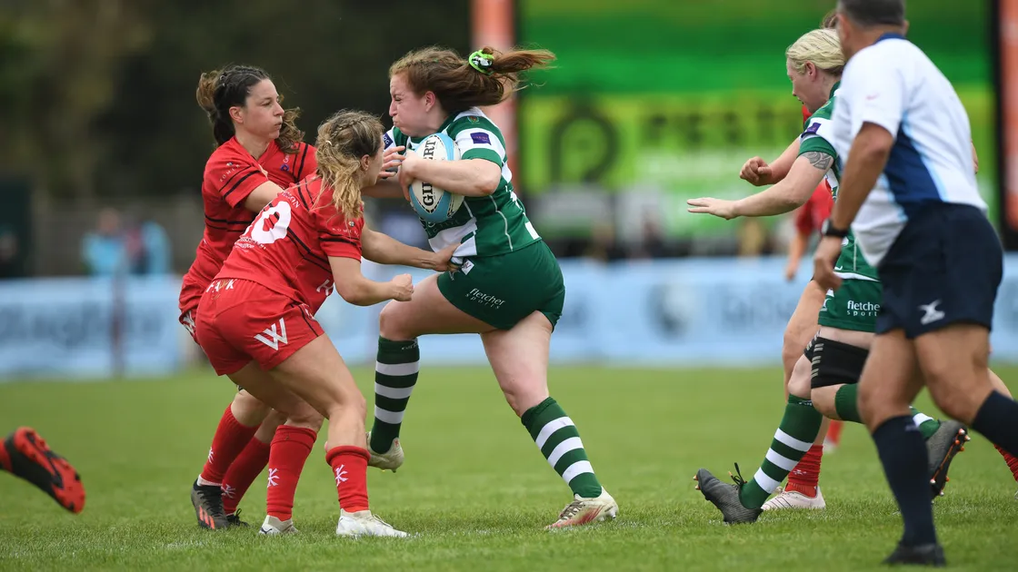 Guernsey Raiders Ladies' try-scorer Daisy Travers taking the ball into contact in the women's Saim. (Picture by David Ferguson, 32089299)