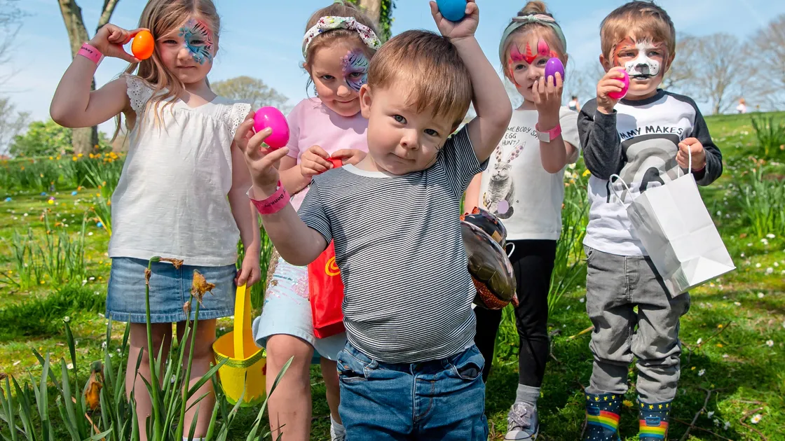 Charity Easter egg hunt at Cambridge Park. Left to right, Issy Blondel, 4, Erin Martin, 6, Levi Queripel, 2, Esme Queripel and Brandon Marquis, both 4, had to collect all six colours of plastic egg to be able to claim their Easter goodie bag. (Pictures by Andrew Le Poidevin, 30726583)