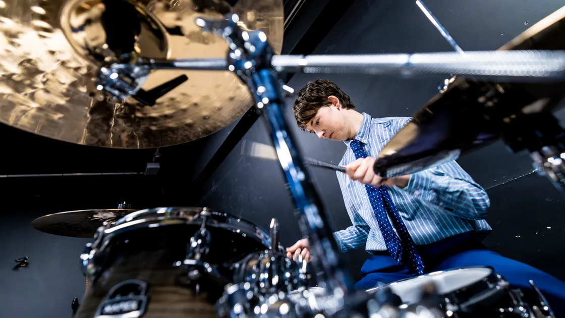 ‘A lot of the younger drummers are aspiring to be like Eoin,’ said Elizabeth College music teacher Gaynor Laird, after 17-year-old Eoin Fleming was singled out for special praise by Eisteddfod adjudicator Roy Robinson.