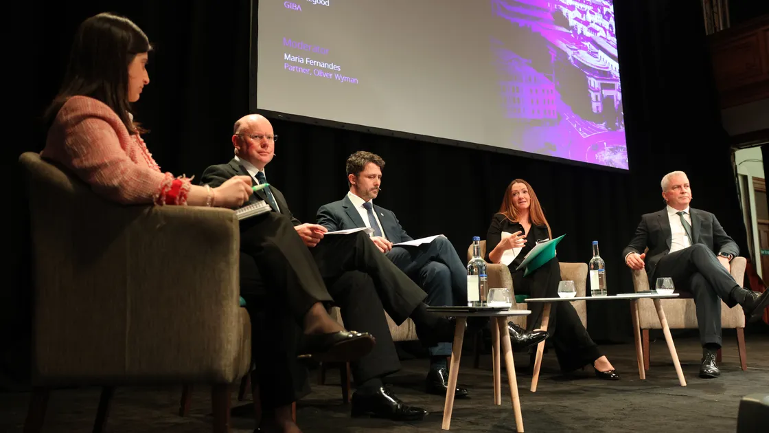 Left to right, Maria Fernandes, partner at Oliver Wyman; William Mason, director-general of the Guernsey Financial Services Commission; Barnaby Molloy, chief executive, Guernsey Finance; Jo Peacegood, chairwoman of the Guernsey International Business Association and Deputy Andrew Niles, vice-president of the Committee for Economic Development, pictured at the launch of the new Financial Services Strategy at St James. 	(34646842)