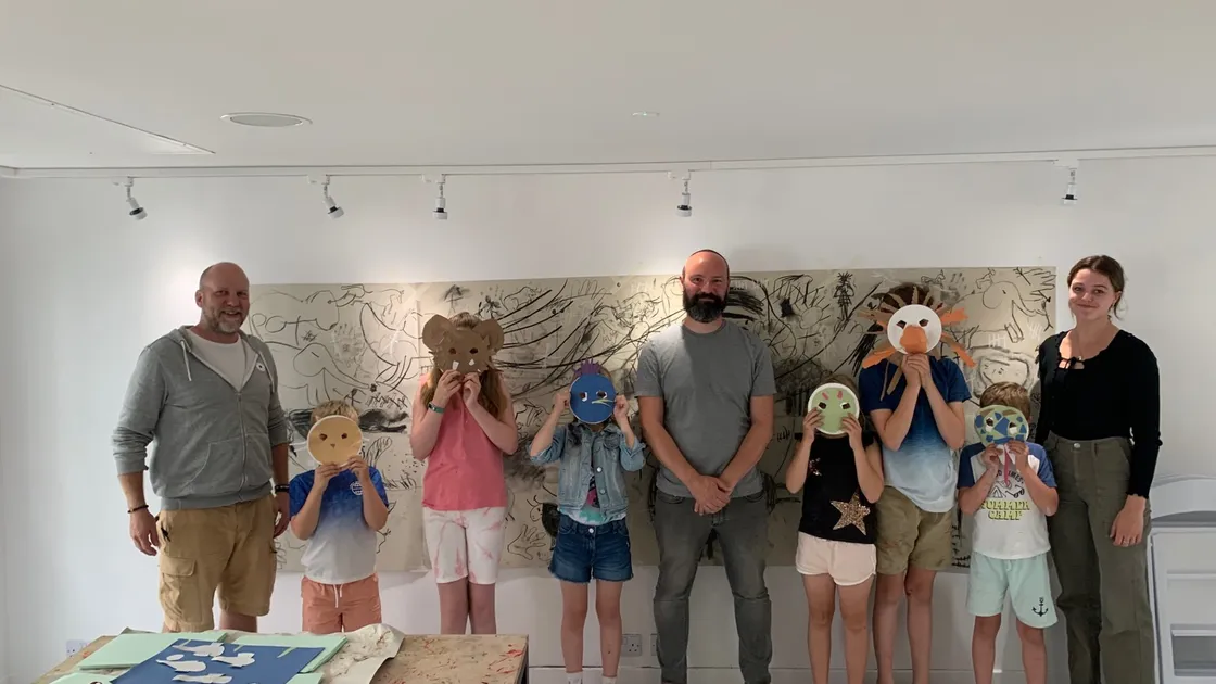 Some of the pupils with the masks they made as part of Art For Guernsey’s summer art club. The organisers pictured from left to right are: curation director Jock Pettitt, freelance illustrator Hugh Rose and gallery manager Megan Wyatt-Nicolle. (32311140)