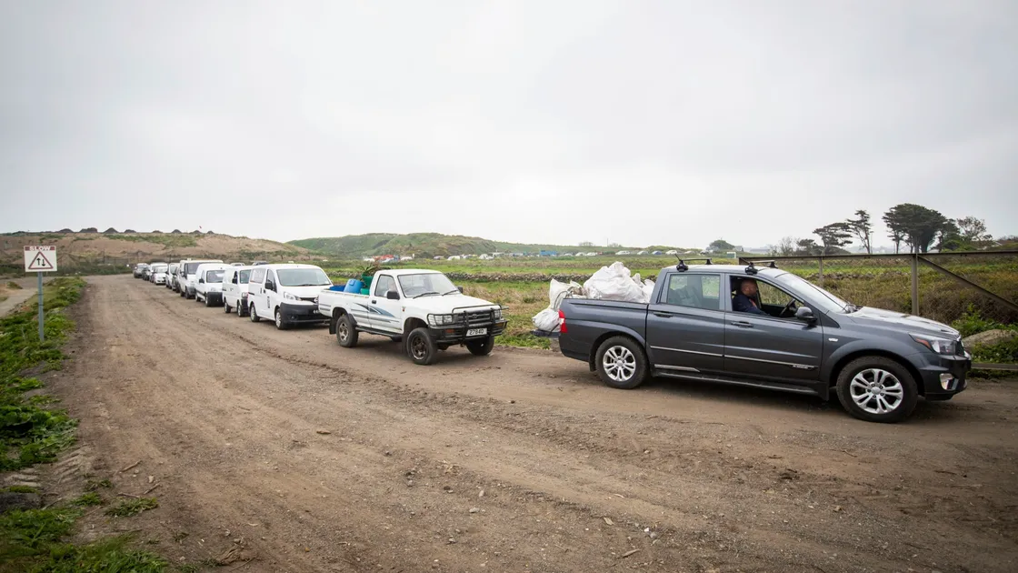 Picture by Sophie Rabey.  27-04-20.  Green Waste sites are back open today to the public today after Coronavirus Lockdown.  They are running at reduced opening hours and subject to health and safety restricions.  Chouet green waste site - backed up traffic from 8am this morning.. (28163341)