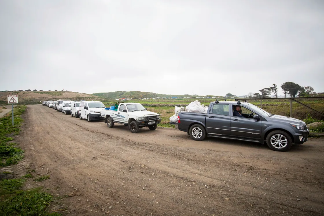 Picture by Sophie Rabey.  27-04-20.  Green Waste sites are back open today to the public today after Coronavirus Lockdown.  They are running at reduced opening hours and subject to health and safety restricions.  Chouet green waste site - backed up traffic from 8am this morning.. (28163341)