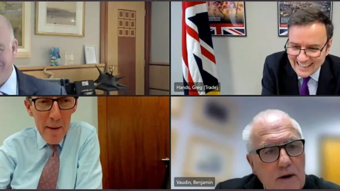 Clockwise from top left: Isle of Man chief minister Howard Quayle, UK trade policy minister Greg Hands, Guernsey chief minister Peter Ferbrache and Jersey’s external relations minister Ian Gorst in a video meeting. (Picture from Twitter)