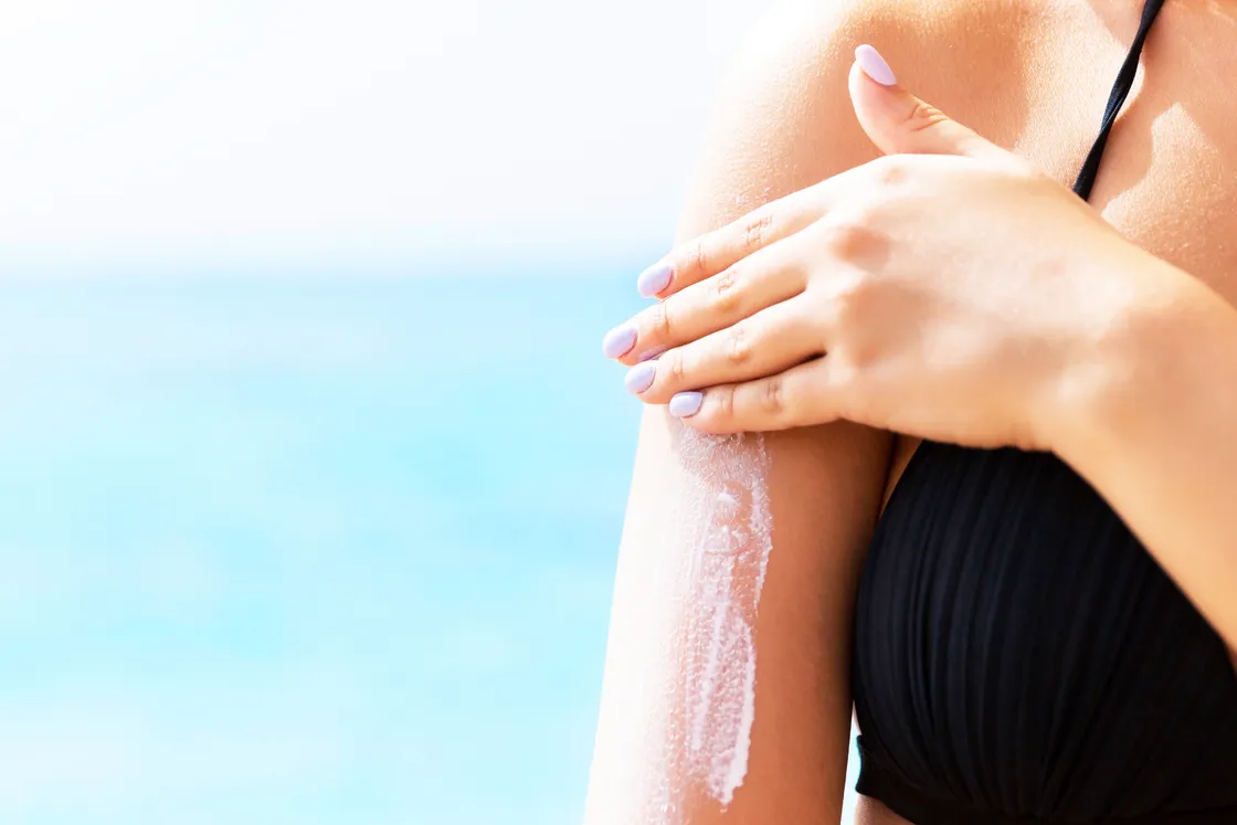 ‘Sunscreen is not an alternative to covering up, and you should use the equivalent of 6-8 teaspoonfuls (35ml) of lotion, with at least 30 SPF’
