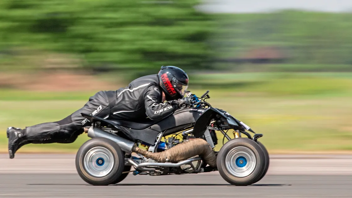 A week after setting the world’s fastest speed on sand, Zef Eisenberg set a new British record for a supercharged 1650cc motorbike at the weekend and a new British ACU 500-750cc quad speed record of 108.5mph.