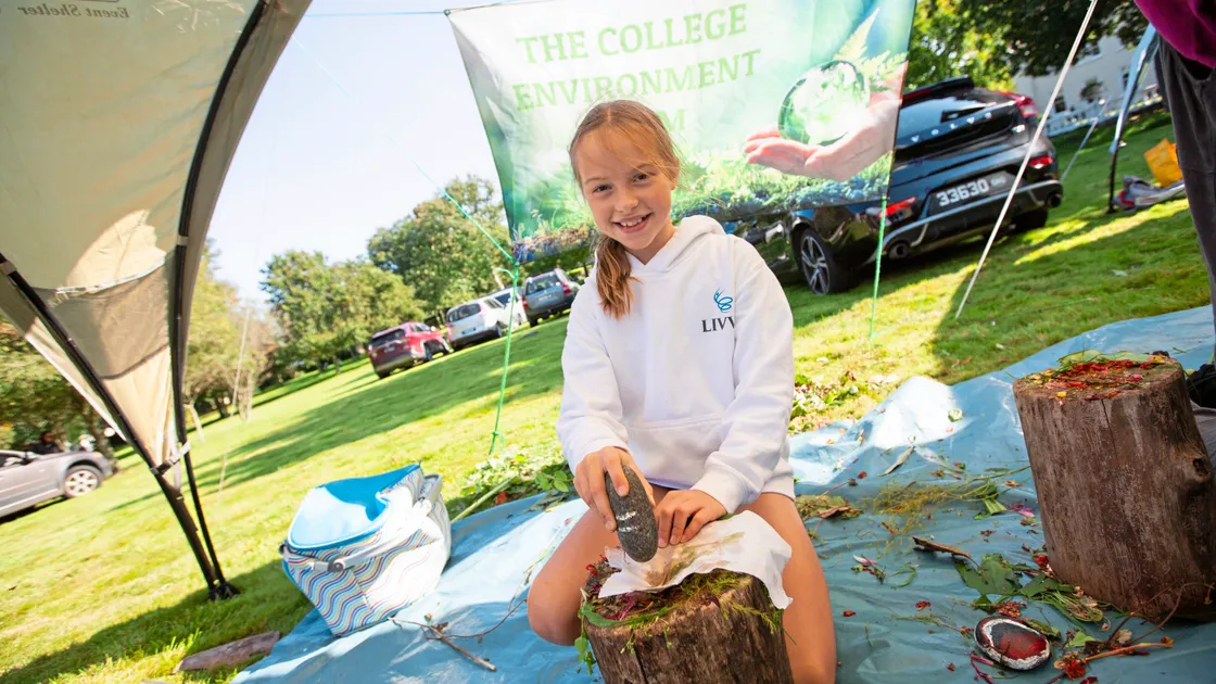 Livvy Vidamour, 10, enjoying making hapa zome, a natural colour extraction technique used by hitting a stone onto cotton that then makes a design using the dye from natural flowers and leaves underneath. (33660843)