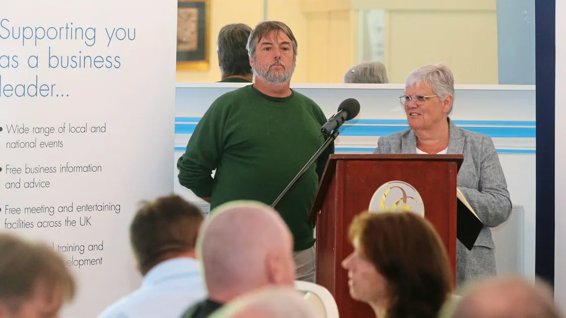 States Assembly & Constitution Committee president Peter Roffey with lead referendum officer Liz Dene addressing the Guernsey branch of the IOD’s business breakfast yesterday. 									      (Picture by Adrian Miller 21998502)