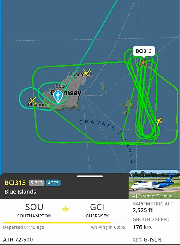 Flights like this Blue Islands service were forced to enter holding patterns over the islands in anticipation of a break in the fog. (Screenshot from Flight Radar)