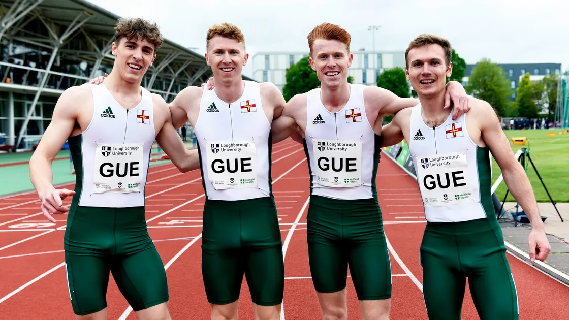 The Guernsey 4x400m relay team at the Loughborough International. Left to right: Peter Curtis, Cameron Chalmers, Alastair Chalmers and Sam Wallbridge. (Picture by Mark Shearman, 29587432)