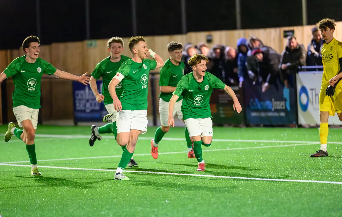 Fin Du Port leads the Guernsey celebrations after scoring a superb free-kick in what proved the goal of the night and the high point from a home perspective.