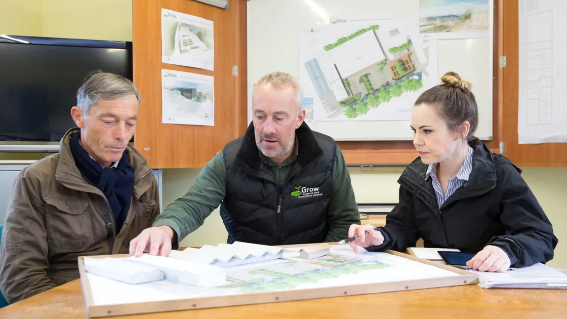 Consultant architect Andrew Ozanne, left, Grow Ltd manager Eddie Higgins and project architect Emma Carter discuss the plans which will transform the charity’s St Sampson’s site. (Picture by Adrian Miller, 26356147)

