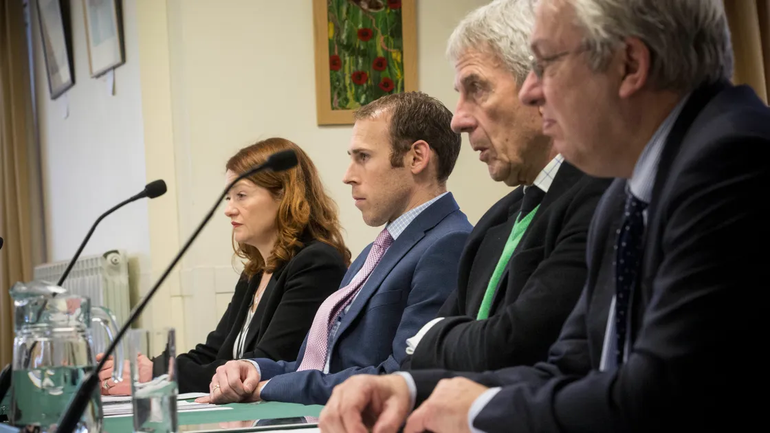 Pictured at a Scrutiny Management hearing at Les Cotils in November 2018 are, left to right, then Education chief secretary Colette Falla, committee president Deputy Matt Fallaize, Deputy Richard Graham and Andrew Warren, then director of education. (Picture by Peter Frankland, 25381226)