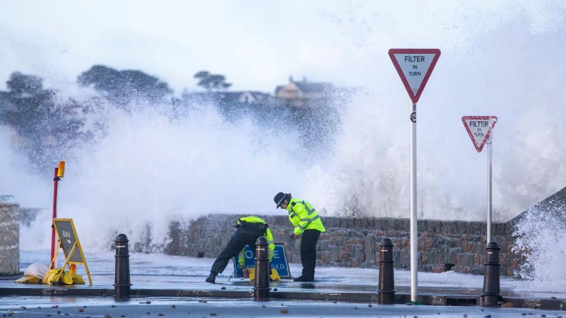 Police closing the road at Cobo during one of last month’s storms. It was also the second windiest February since 1990, after 2014. (Picture by Peter Frankland, 27357492)