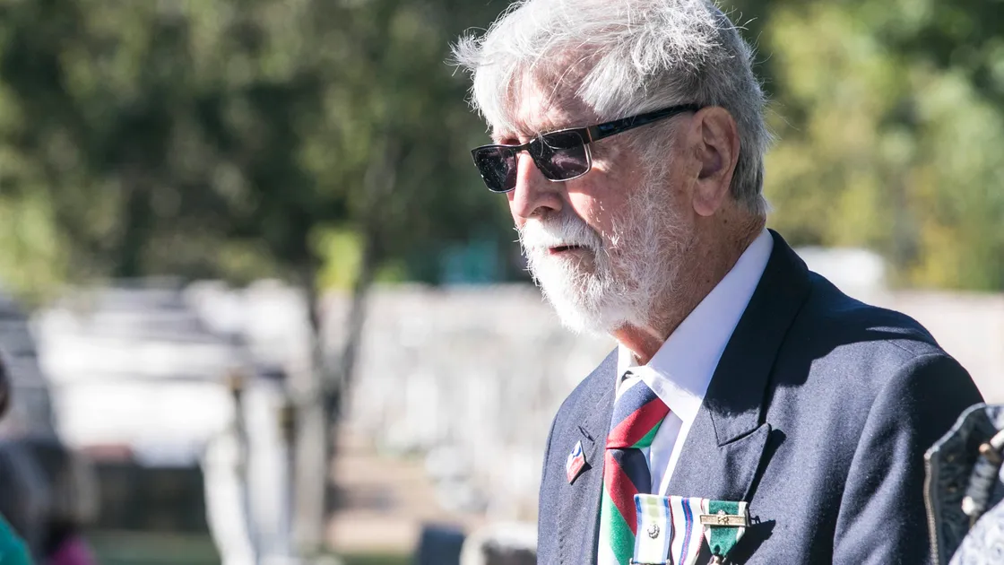 Pic by Adrian Miller 27-09-20 Foulon Cemetery. Remembrance service for H.M.S. Charybdis and H.M.S. Limbourne . Brian Salmon former president of Naval Association.. (28735073)