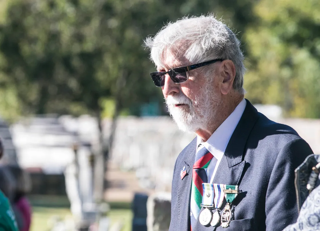 Pic by Adrian Miller 27-09-20 Foulon Cemetery. Remembrance service for H.M.S. Charybdis and H.M.S. Limbourne . Brian Salmon former president of Naval Association.. (28735073)
