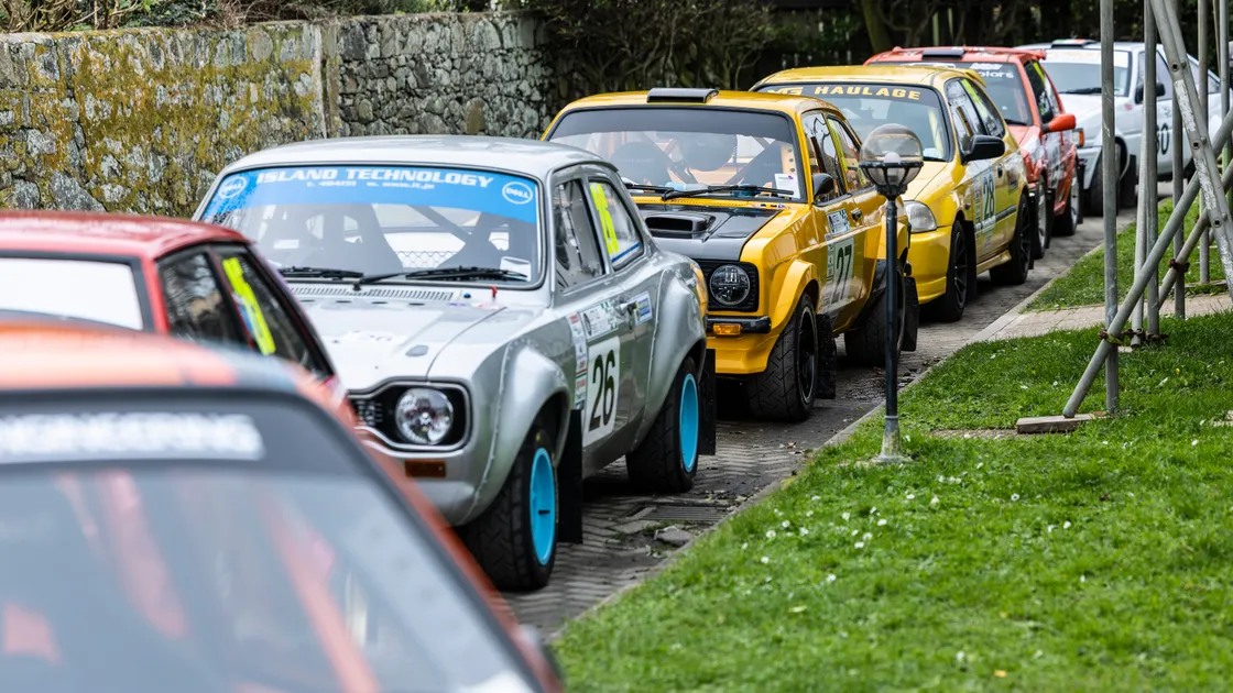 The cars lined up in seeding order before being set off for the Guernsey Rally from the Peninsula Hotel.