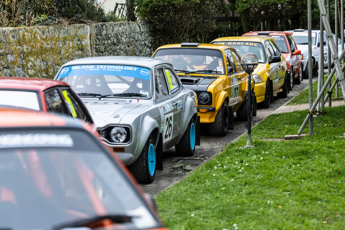 The cars lined up in seeding order before being set off for the Guernsey Rally from the Peninsula Hotel.