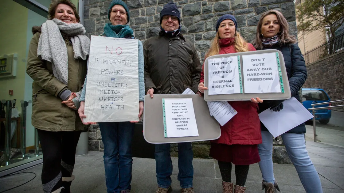 Some of the protesters who greeted deputies yesterday. Left to right: Laura Anderson, Wendy Pratt, Mark Pratt, Natalia Zalyesova and Aga Krecisz. (Pictures by Luke Le Prevost, 30430929)