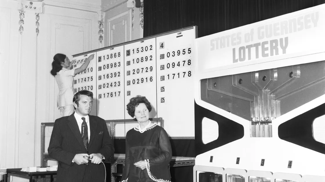 The first ever Channel Islands lottery draw in 1971. Tony Bran and Iris Pouteaux.