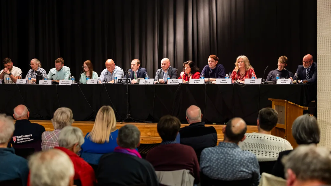 The candidates on the stage at Les Beaucamps High School.