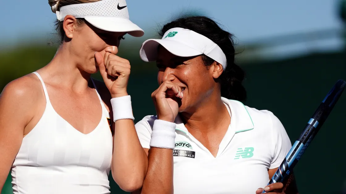 Katie Boulter, left, and Heather Watson during their ladies’ doubles match against Katarzyna Piter of Poland and Anna Siskova of the Czech Republic yesterday at Wimbledon.
