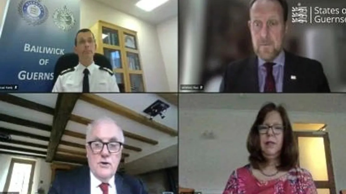 Covid-19 Press Conference Panel. Top row: Head of law enforcement Rauri Hardy, left, States chief executive Paul Whitfield. Bottom row: CCA chair Deputy Peter Ferbrache, left, Director of Public Health Dr Nicola Brink. (29261041)
