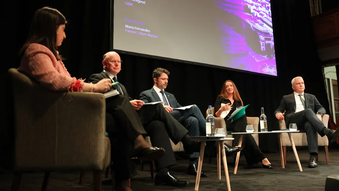 Left to right, Maria Fernandes, partner at Oliver Wyman; William Mason, director-general of the Guernsey Financial Services Commission; Barnaby Molloy, chief executive, Guernsey Finance; Jo Peacegood, chairwoman of the Guernsey International Business Association and Deputy Andrew Niles, vice-president of the Committee for Economic Development, pictured at the launch of the new Financial Services Strategy at St James. 