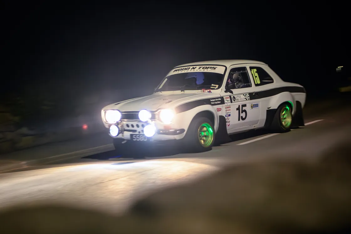 Top Guernsey driver Craig Robert and Chris Guille speed along the night Stage at the Vaugrat. (34061174)