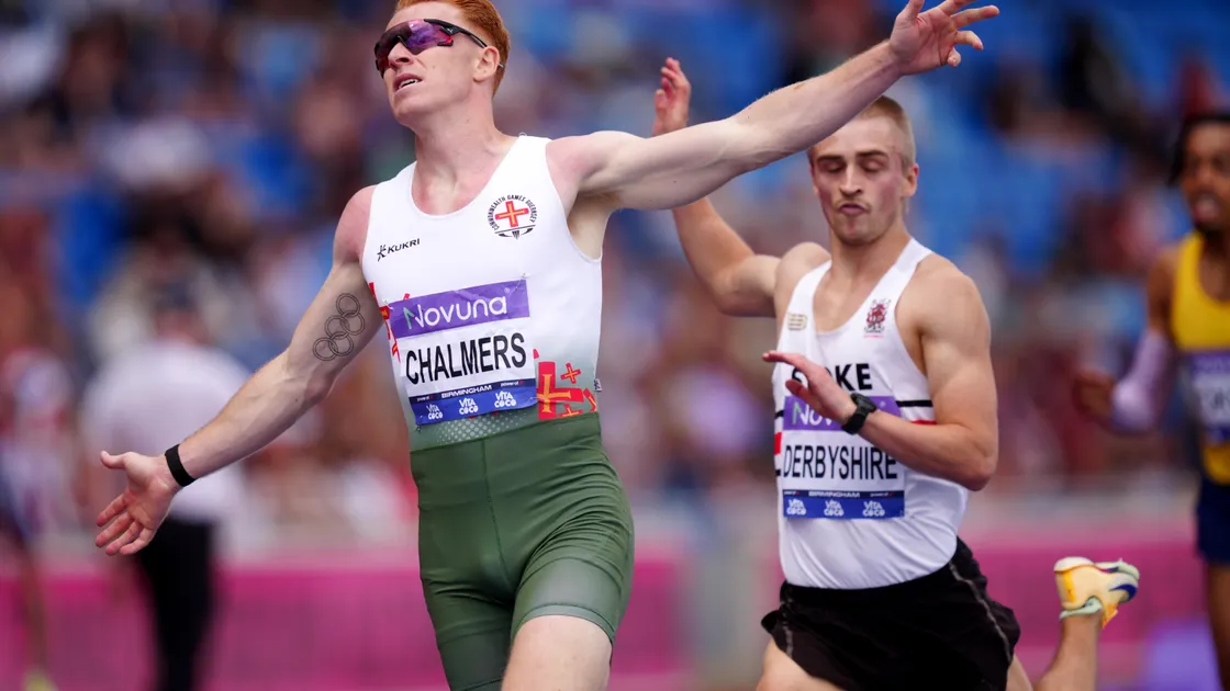 Alastair Chalmers celebrates winning his 400m hurdles final in Birmingham last weekend.