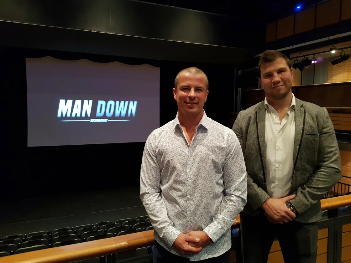 Around 200 people attended the premiere of the Man Down documentary at the Princess Royal Centre for Performing Arts this week...L-R Philip Surry from Guernsey Mind and Gaz Papworth from Element Films.. (26124643)