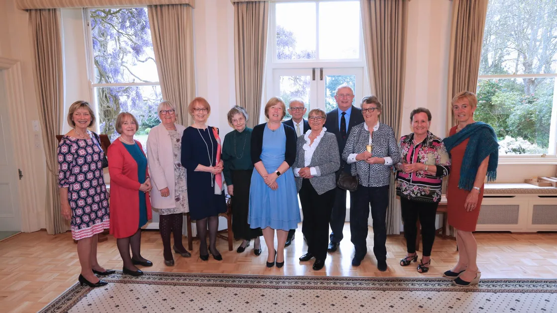 Award recipients at the Government House ceremony for the Guernsey Voluntary Service. Pictured are, left to right, Vivien Hawkins, Pamela Reeve, Val Kilby, Sandra Hardhill, Lady Carey, Lady Corder, John McLean, Lesley Perchard, Paul Davis, Susan Sampson, Caley Allen and Clare de la Rue.  		