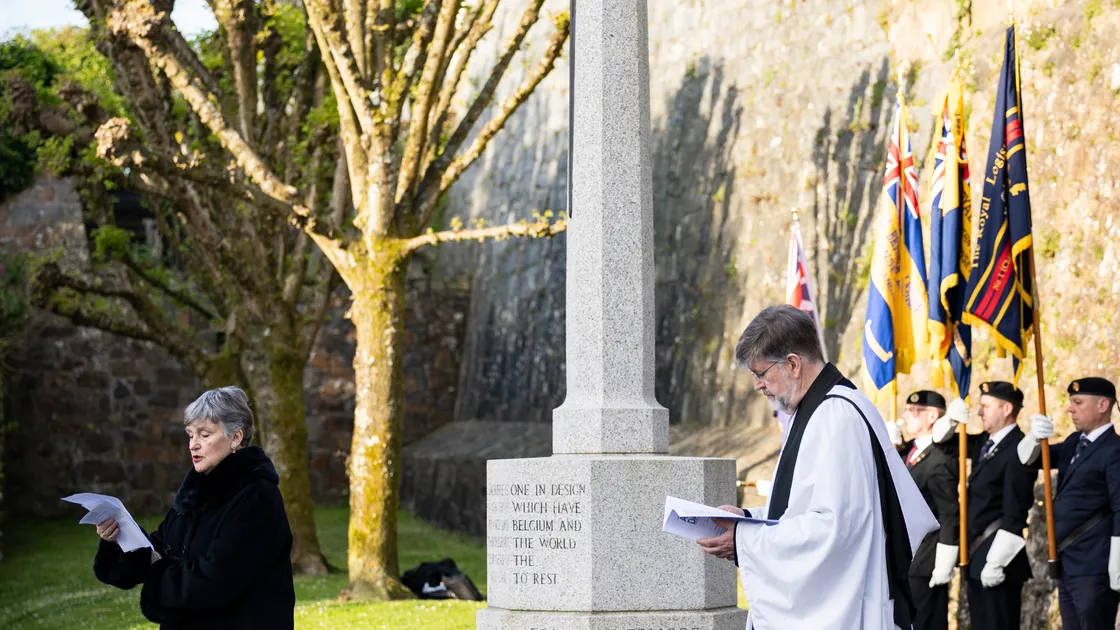 Hazel Marshall gives the reading alongside Dean of Guernsey the Very Rev. Tim Barker, right, who led the Anzac Day service held at Fort George on Saturday morning.								 (Picture by Sophie Rabey, 34724191)