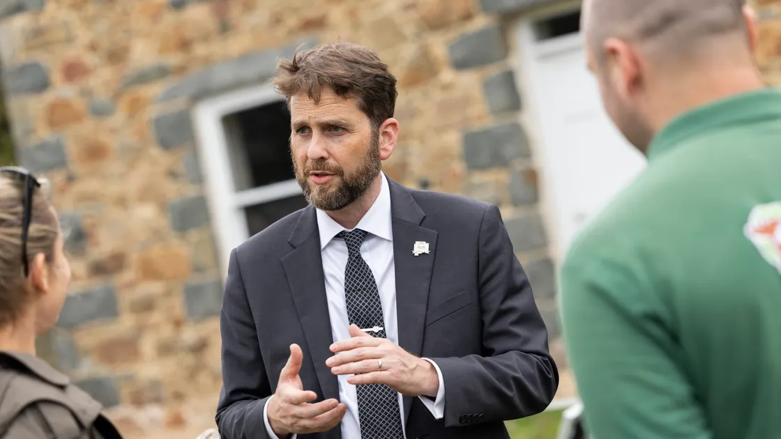 John Deichler, the seigneur of land in Guernsey from the US, visited Guernsey Golden Goats with Lieutenant-Governor Sir Richard Cripwell. (Picture by Sophie Rabey, 34976470)